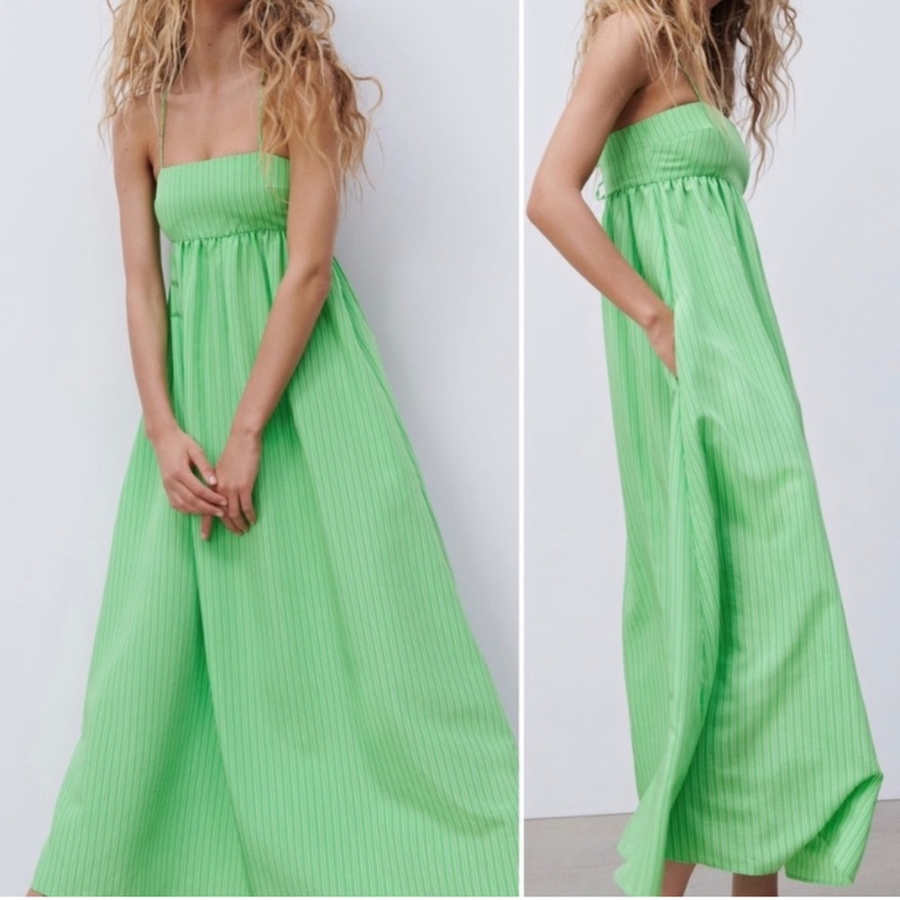 ZARA NWOT green pinstripe maxi dress. Strappy lace up back ,